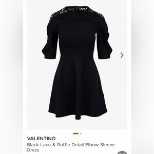 Valentino Black A-Line Puff Sleeve Cocktail Dress with lace and ruffle detail
